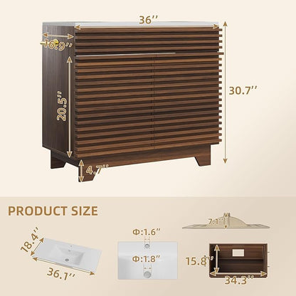 VNN 36 Inch Bathroom Vanity with Ceramic Sink - Freestanding Modern Bathroom Storage Vanity Cabinet with Fluted Design, Soft-Close Doors, Shelves, Toilet Paper Holder & Towel Hooks, Walnut