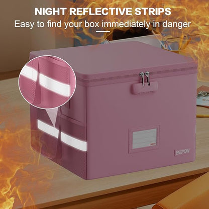 ENGPOW 5200°F File Box Fireproof Document Box with Lock,Heat Insulated Collapsible File Storage Organizer Box with Handle,Portable Home Office File Cabinet for Hanging Letter/Legal Size Folder, Pink