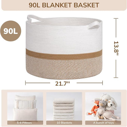 INDRESSME XXXLarge Cotton Rope Basket 21.7" x 21.7" x 13.8" Woven Baby laundry Blanket Basket for Home Decor Living Room Nursery, Toy Storage Baskets for Kids Boys Girls, White & Camel Mix