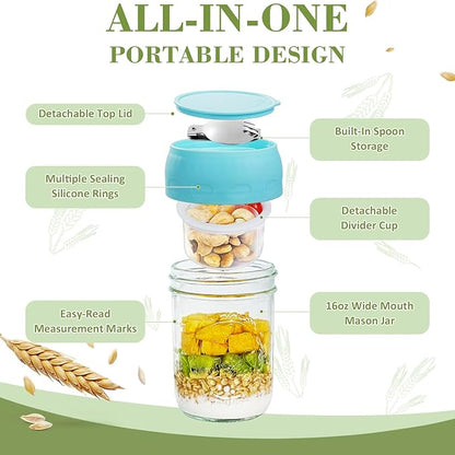 Miuyhji 6 Pack Overnight Oats Containers with Lids and Folding Spoons 16oz, Glass Mason Jars with Divided Compartments, Chia Pudding Jars for Oatmeal Meal Prep