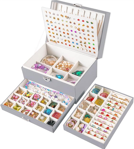 QBestry Earring Jewelry Box for Women Girls Stud Organizers, 5 Layers Grey Jewelry Organizer Box with Lock Necklaces and Earrings Holder Jewelry Box with Earring Organizer for Women Girls Xmas Gifts