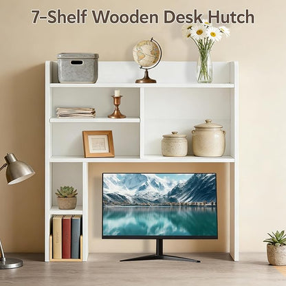 Desktop Bookshelf, Wooden Desk Hutch with 7 Shelves, 35.4" 3-Tier Desk Organizer and Storage Shelf for College Dorm Office Home (White)