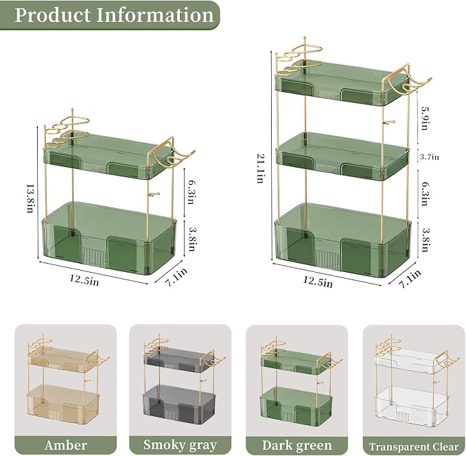Akinbas 3 Tier Bathroom Organizer Countertop Makeup Perfume Tray Skincare Organizer Comes with Hair Dryer Rack and Toothbrush Holder for Bathroom Dresser Vanity (Green)