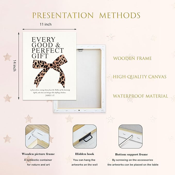 LARTSFRO Coquette Leopard Bow Christian Canvas Wall Art Decor Posters Prints, Y2K Cheetah Leopard Bow Room Bedroom Bathroom Dorm Wall Art Decor Aesthetic for College Teen Girls Gifts, Inspirational Bible Verses Bow Wall Decor, 11x14 Inch Set of 4 Pcs C...