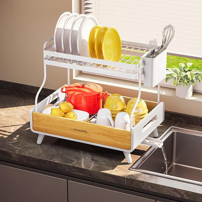 Urackify 2-Tier Dish Drying Rack, Large Stainless Steel & Bamboo Dish Rack for Kitchen Counter, Dish Drainers with Adjustable Automatic Spout, Drying Rack Kitchen with Utensil Holder, White