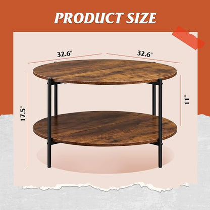 WLIVE Round Coffee Table, 32.6" Small Coffee Table with Storage Shelf, 2-Tier Circle Wood Center Table for Living Room, Apartment, Rustic Brown