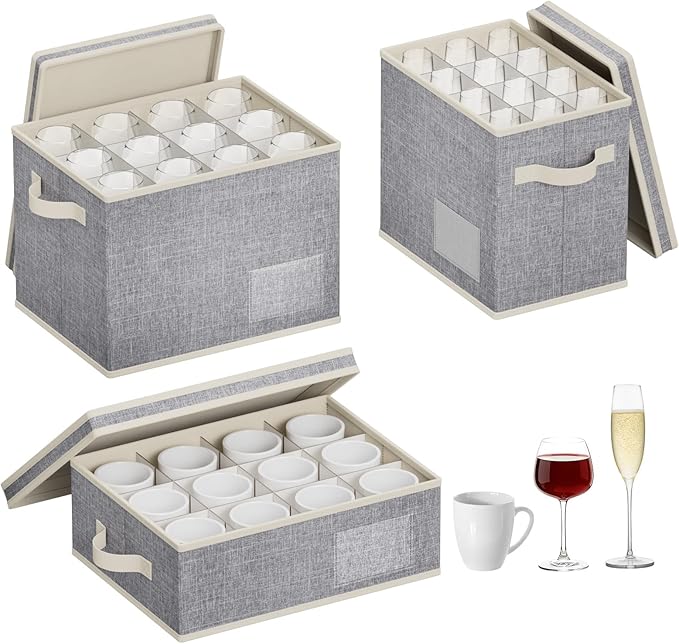 Lifewit 3 Pcs of Mug, Champagne and Wine Glass Storage Box with Dividers, Stackable Cationic Hard Shell Stemware Organizer with 36 Cells, Foldable Dustproof China Containers for Moving, Light Grey