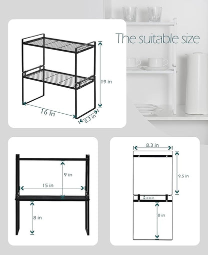 Shantton 2Pack Cabinet Shelf Organizer Storage Rack Space Saving for Kitchen Counter Pantry Bathroom Cupboard Under Sink Office Table Steel Stackable Rust Resistant Heavy Duty Nonslip 16” Black - Tall