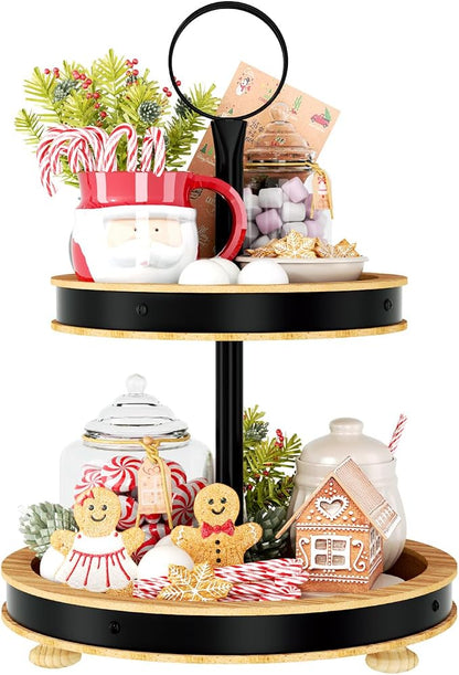 Urban Deco Wood Tiered Tray - 2-Tiered Farmhouse Serving Tray with Metal Handle for Kitchen Counter or Living Room Table