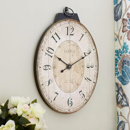 MODE HOME Large French Country Oval Wall Clock for Living Room Decor, 18 x 29 Inch Rustic Farmhouse Wall Clock Decorative, Solid Wood Frame with Iron Hanging Ring, Silent Non-Ticking Battery Operated