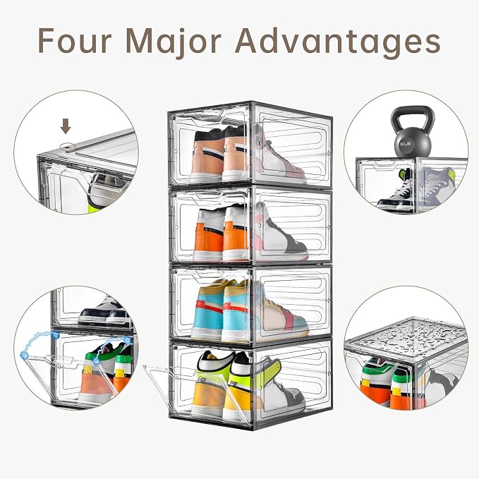Stebopum 12 Pack Shoe Boxes Shoes Organizer, Shoe Storage Organizer Boxes with Magnetic Door, Clear Shoe Organizers Sneaker Storage Shoe Box for Women/Men, Fit up to US Size 12