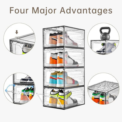Stebopum 12 Pack Shoe Boxes Shoes Organizer, Shoe Storage Organizer Boxes with Magnetic Door, Clear Shoe Organizers Sneaker Storage Shoe Box for Women/Men, Fit up to US Size 12