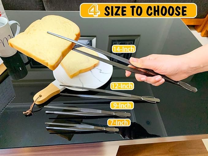 JETKONG Extra Long Kitchen Tweezers Heavy Duty Stainless Steel Cooking Tweezers, Set of 3 (9 12 14 Inch, Black)