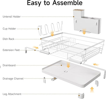 Runnatal Dish Drying Rack, Extendable Dish Rack Over Sink, Large Stainless Steel Dish Strainer with Drainboard, Utensil Holder & Cup Holder for Kitchen Counter, White