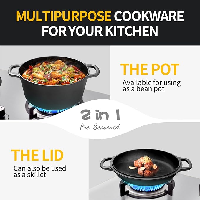 2-in-1 Pre-Seasoned Cast Iron Dutch Oven Pot with Skillet Lid Cooking Pan, Cast Iron Skillet Cookware Pan Set with Dual Handles Indoor Outdoor for Bread, Frying, Baking, Camping, 7QT
