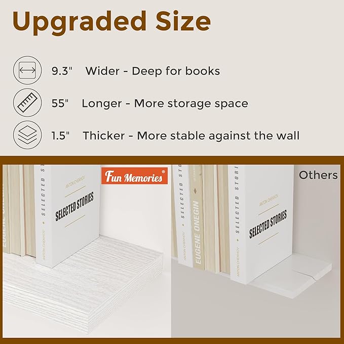 Fun Memories 32" W x 9.3" D Floating Shelves in White, Rustic Wood Deep Shelves for Bedroom, Kitchen, Living Room, Long Floating Shelf for Wall, Storage Display Wall Shelf for Books Decor