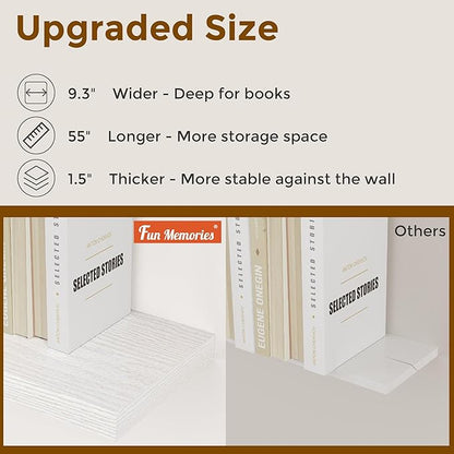 Fun Memories 32" W x 9.3" D Floating Shelves in White, Rustic Wood Deep Shelves for Bedroom, Kitchen, Living Room, Long Floating Shelf for Wall, Storage Display Wall Shelf for Books Decor
