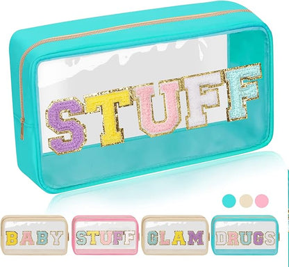 Iqimott Clear Patch Makeup Bag Stuff Pouch, Preppy Personalized Chenille Letter Cosmetic Pouch for Travel, Nylon Waterproof Organizer Travel Essentials Zipper Toiletry Bags for Women Girls(Green)