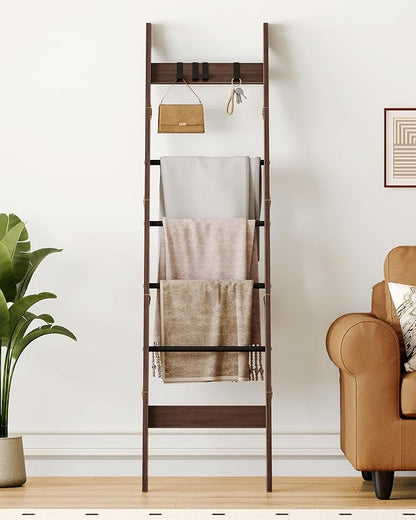 Hzuaneri Blanket Ladder for Living Room, Decorative Quilt Rack with 4 Removable Hooks, 6-Tier Farmhouse Ladder Holder Shelf Organizer for Bedroom, Black Tea Brown and Black BR31520B