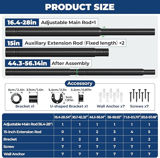 Mavivegue Closet Rods for Hanging Clothes,17 to 57 Inches Stepless Adjustable Metal Closet Rod, Heavy Duty Tension Rod, Extra Long Tension Rod, Adjustable Curtain Rod, for Closet, Black