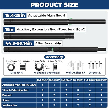Mavivegue Closet Rods for Hanging Clothes,17 to 57 Inches Stepless Adjustable Metal Closet Rod, Heavy Duty Tension Rod, Extra Long Tension Rod, Adjustable Curtain Rod, for Closet, Black
