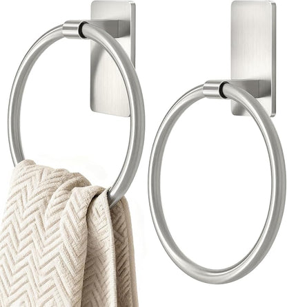 STWWO Brushed Nickel Towel Ring, Hand Towel Holder for Bathroom, Self Adhesive Hand Towel Rings for Bath, RV, No Drill Hole, 2 Pack