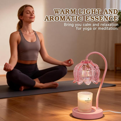 Funistree Flower Candle Warmer Lamp with Timer, Dimmable Candle Lamp Warmer, Christmas Birthday Gifts for Women Mom Her, Housewarming Home Decor, Lotus Wax Warmer for Yankee Candles - Full Pink
