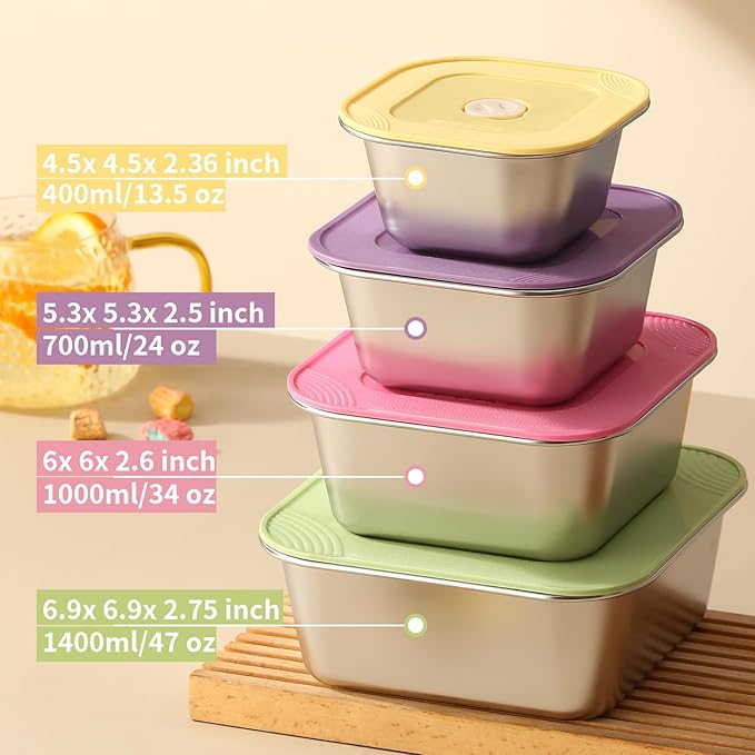 4-Piece Stainless Steel Lunch Box with Lids Set, Stackable Metal Food Storage Containers, Leakproof Lunch Containers, Dishwasher Safe Bento Box, Snack Containers (Size 4.5", 5.5", 6.3", 7")