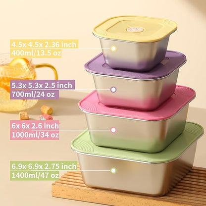 4-Piece Stainless Steel Lunch Box with Lids Set, Stackable Metal Food Storage Containers, Leakproof Lunch Containers, Dishwasher Safe Bento Box, Snack Containers (Size 4.5", 5.5", 6.3", 7")