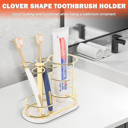 Toothbrush Holder Stand for Bathroom, Metal Toothbrush Organizer with Marble Base, Toothbrush Storage Collection for Family, Suitable for Home Hotel Countertop Vanity (Medium, Gold)