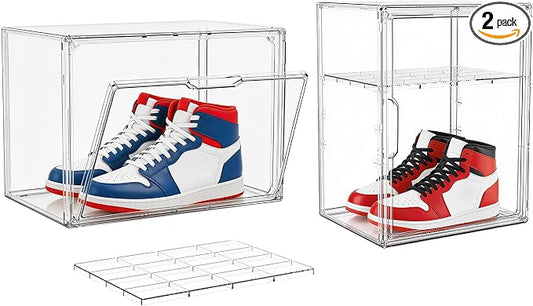 Attelite Shoe Storage Clear Shoe Organizer Boxes With 1 Adjustable Divider, Acrylic Sneaker Shoe Display Case With Magnetic Door,Clear Plastic Stackable Storage Bins With Lids,2 Pack