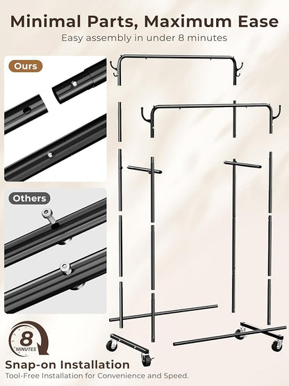 Clothes Rack, Rolling Clothing Rack with Double Rods for Hanging Clothes, Portable Garment Rack with Wheels, Metal Wardrobe Closet Organizer for Bedroom and Laundry Room