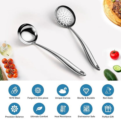 304 Wok Spoon Stainless Steel for 304 Stainless Steel Serving Utensilsr, 2 PCS Long Large Metal Cooking Utensil Tools Set with Slotted Spoon and Soup Ladle