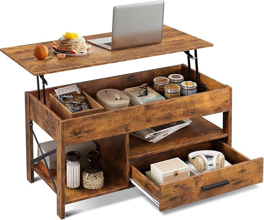 WLIVE Coffee Table, 39" Lift Top Coffee Table with Storage Drawers and Hidden Compartment for Living Room, Retro Central Table with Wooden Lift Tabletop Reception Room, Rustic Brown
