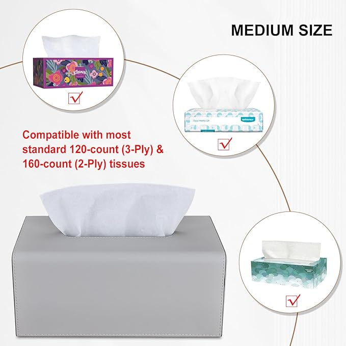 KINGFOM Tissue Box Cover, PU Leather Rectangular Tissue Box Holder with Magnetic Bottom Cover for Facial Tissues/Napkins, Office & Living Room Decor Box (Gray)