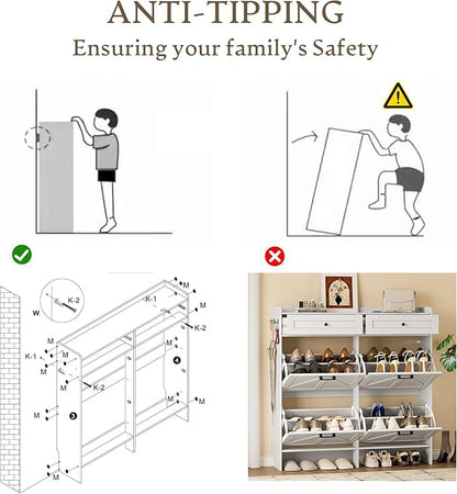 Shoe Storage Cabinet for Entryway, Farmhouse Wide Shoe Cabinet with 4 Flip Drawers and 2 Top Drawers, Freestanding Organizer with Adjustable Shelves, Hooks, and Anti-Tip Kit for Hallway