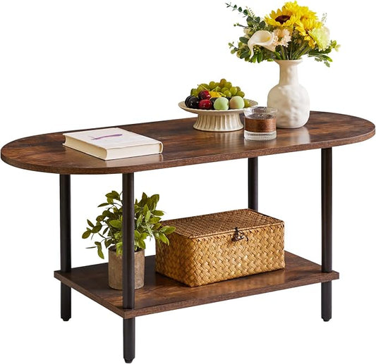 Aibiju Rustic Coffee Table Small Coffee Table, TV Centre Table Stand 35 * 16 * 17", 2-Tier Oval Wood Tea Table for Living Room Apartment Rustic Brown YD-012H