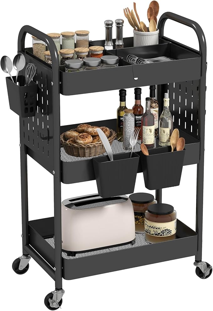 danpinera Craft Cart, Black Rolling Cart with Retractable Dividers & DIY Pegboards for Kitchen, Bedroom, Laundry
