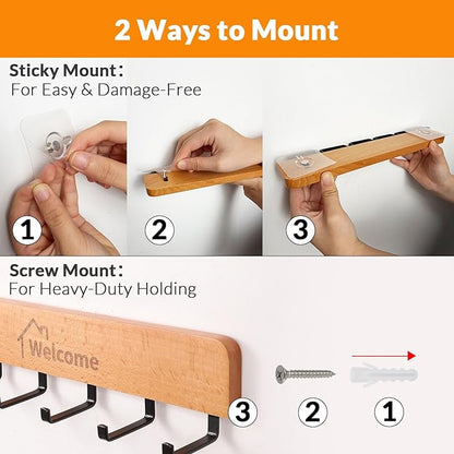 Wooden Key Holder with Metal Hooks,No Drill Adhesive & Screws, Wall Mount Entryway Organizer for Keys, Coats, Hats, Rustic Farmhouse Wall Decor for Hallway, Apartment (2, Natural)