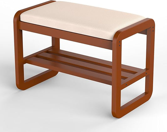 Solid Wood Shoe Rack, 2 Tier Shoe Storage Bench with Cushion Seat, 6 Pair Shoe Organizer for Entryway, Small, Cherrywood, 24 Inch