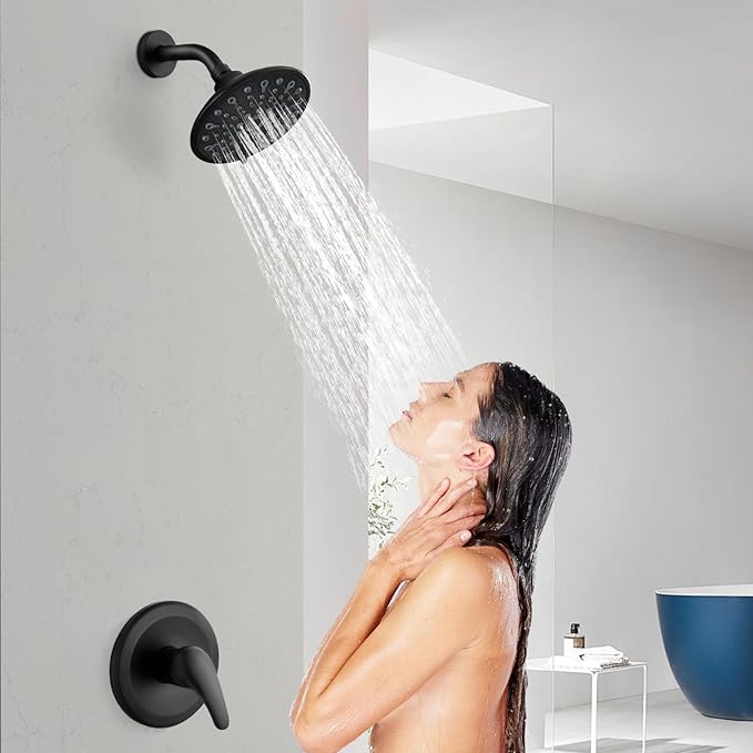gotonovo Shower Faucet Set Bathroom Shower Head and Handle Set Complete 6 Settings 6 inch Rainfall Shower Head Kit High Pressure Shower System Combo Shower Trim Kit with Valve Matte Black