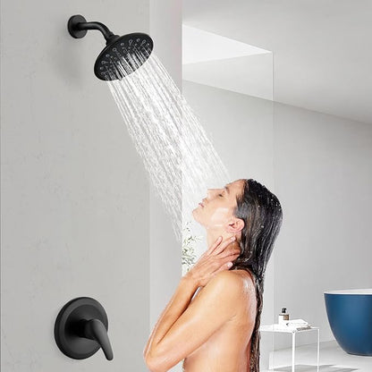gotonovo Shower Faucet Set Bathroom Shower Head and Handle Set Complete 6 Settings 6 inch Rainfall Shower Head Kit High Pressure Shower System Combo Shower Trim Kit with Valve Matte Black