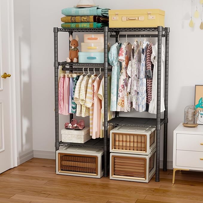 Ulif F1 Garment Rack for Kids, Baby, Students, and Children's Room, 4 Tiers Freestanding and Portable Heavy Duty Closets, Small Metal Clothes Rack with 2 Hanging Rod, 31.2" W x 11.8" D x 48" H, Black