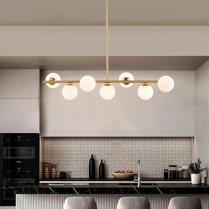 7 Lights Modern Sputnik Chandelier Globe White Glass Shade Brass Linear Mid Century Farmhouse Pendant Light Fixture for Kitchen Island Bedroom Dining Lighting (Gold)