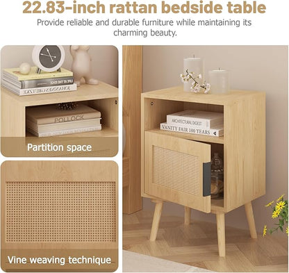 Rattan Nightstand with Storage, Side Table for Bedroom Living Room Dorm, Modern Bedside End Table with Open Shelf, Solid Wood Legs,Oak
