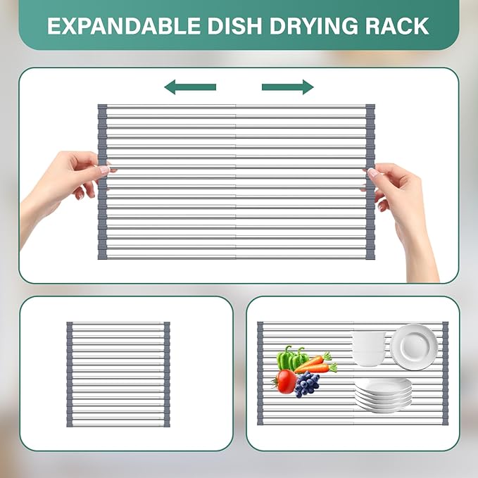 Extra Large Expandable Roll Up Dish Drying Rack,Silicone Wrapped 22.8 x 17.3 in Over The Sink Dish Drying Rack Kitchen Rolling Dish Drainer, Foldable Sink Dish Drainer for Kitchen Counter