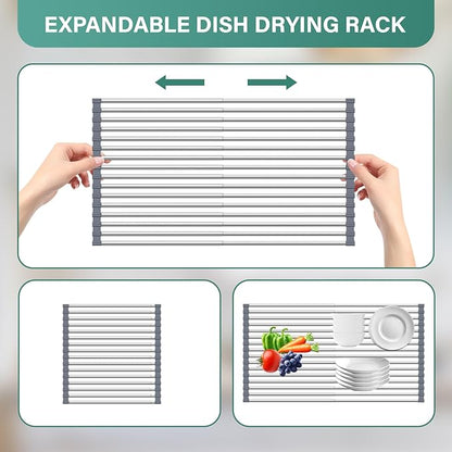 Extra Large Expandable Roll Up Dish Drying Rack,Silicone Wrapped 22.8 x 17.3 in Over The Sink Dish Drying Rack Kitchen Rolling Dish Drainer, Foldable Sink Dish Drainer for Kitchen Counter