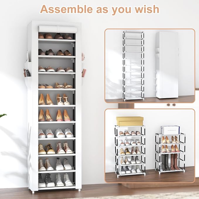 VTRIN Vertical Narrow Shoe Rack Organizer Tall Shoe Rack for Closet Entryway 10 Tier Non-Woven Cover Shoe Shelf Holds 20-22 Pairs Free Standing Shoe Storage Cabinet with Dustproof Cover, White