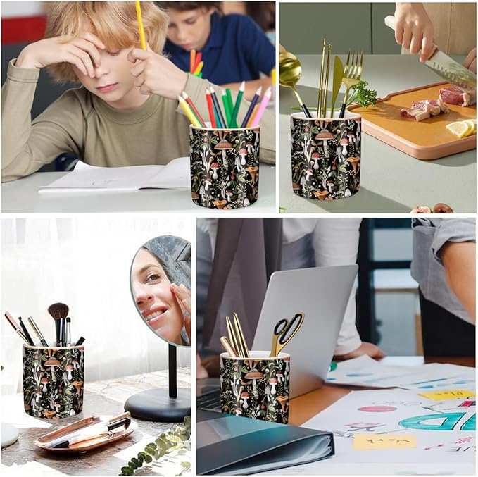 WAVEYU Pen Pencil Holder for Desk, Ceramic Pen Cup Cute Makeup Brush Holder, Unique Desk Multifunctional Pens Organizer for Home, Office, Mushrooms Pattern