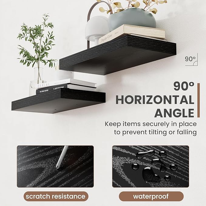 Acovy 55 Inch Floating Shelves, 8 Inch Deep Floating Shelves for Wall, Hanging Shelf with Invisible Brackets, Deep Shelves for Bathroom, Bedroom, Living Room, Black, Set of 2
